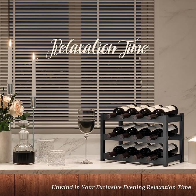 Wine Rack竊똁amboo Wine Storage Cabinet Shelf竊똂ountertop Wine Shelf- Freestanding Wine Holder for Kitchen & Pantry (Black, 3-Tier)
