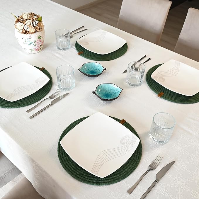 Round Placemats, Set of 4, Handmade by Braided Cotton Cord for Kitchen and Dining Table, Dia. 12.6 Inch, Doublesided, Heat Resistant, Green
