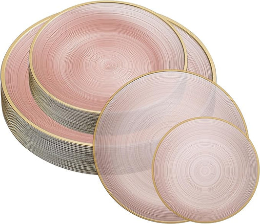 PLASTICPRO 64 Pieces Crystal Design Plastic Plates Combo Pack 32-7 inch and 32-10 inch with Gold Rim Elegant Disposable Plates, Rose Color with Gold Rim
