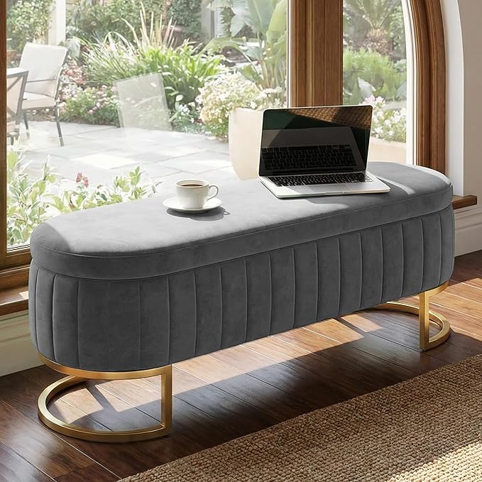 VIROL 65 Inch Storage Ottoman Bench Velvet End of Bed Storage Bench King Size Upholstered Tufted Bench Large Space for Bedroom Living Room Entryway Light Grey