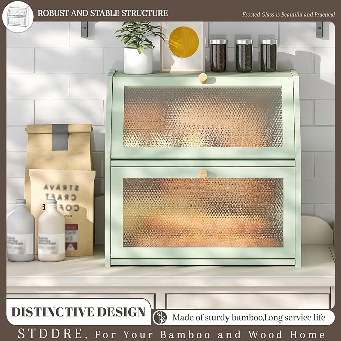 Bread Box for Kitchen Countertop Bin Double Layer Bread Box Storage Container Extra Large Capacity Farmhouse with Diamond Pattern Windows (Green, Extra Large)