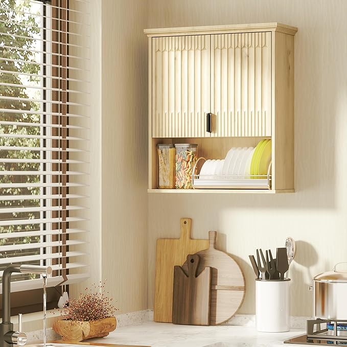 FLOWBACK Bathroom Wall Cabinet Over The Toilet Storage, 23.5횞31.4 Inch Wall Mounted Medicine Cabinet with Adjustable Shelf and Door, Natural Wood Storage Cabinet for Laundry Room, Bedroom Kitchen