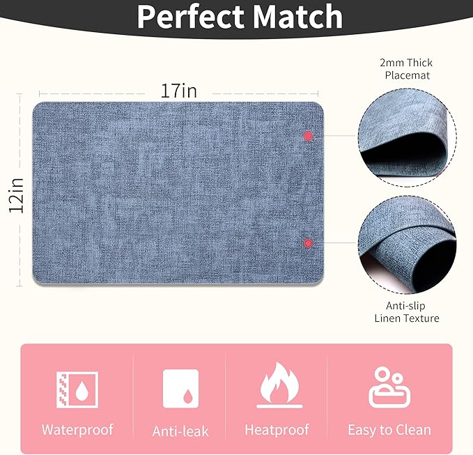 Maxpearl Faux Leather Placemats Set of 4, Waterproof - Wipe Clean - Heat Resistant - Anti Slip Dining Table Place Mats, Suitable for Indoor & Outdoor Use, 17?쇺쇒?2?쇺? Blue
