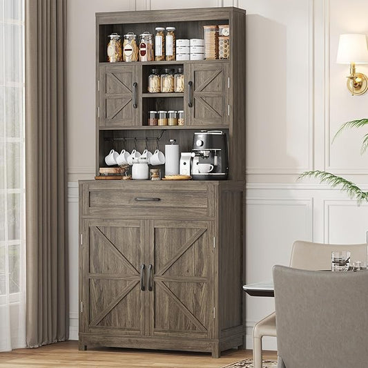 69" Tall Farmhouse Kitchen Pantry Cabinet, Kitchen Hutch Bar Cabinet with Drawers&Cup Holder, Large Wooden Storage Cabinets with Barn Doors&Microwave Stand, Cupboard for Dining Room(Ash Grey)