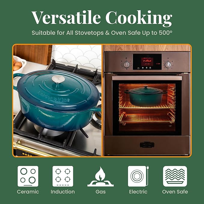 Larder & Vine Enameled Cast Iron 8 qt Dutch Oven Pot with Lid | Bread Baking | Compatible on All Cooktops & Oven Safe to 500째 F | Great for Sourdough Bread | Bondi