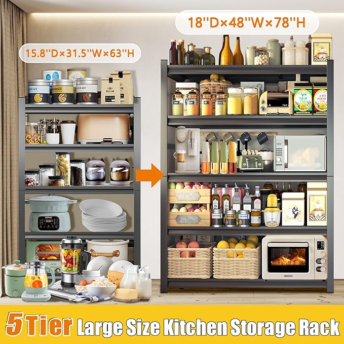 Heavy Duty Kitchen Storage Shelves 18''D*48''W*78''H, Waterproof and Rustproof Metal Shelf, Adjustable Multi-Functional Kitchen Shelf, Black