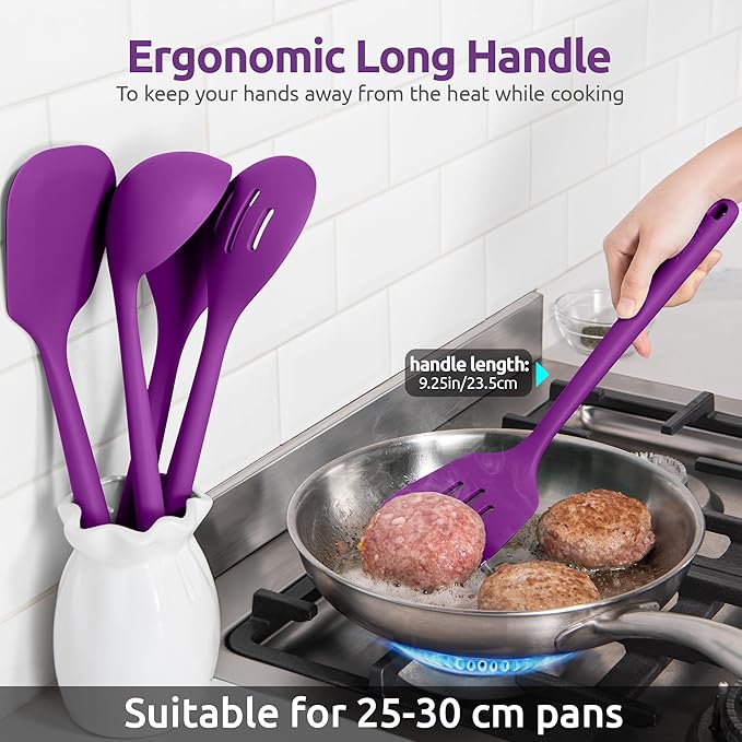 Silicone Kitchen Cooking Utensil Set: U-Taste 600쨘F Heat Resistant 13.6in Extra Long Kitchen Tools, Food-Grade Non-Stick Spatula Turner Spoon Ladle for Stir Frying, Serving, Mixing (5 Pieces, Purple)