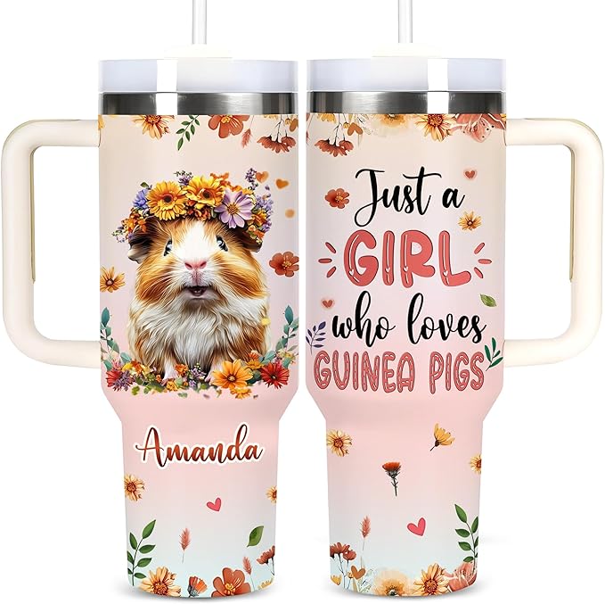 AGGLOMEKC Personalized Cute Guinea Pig Cup - Mother's Day Birthday Gift For Animal Lovers - Just A Girl Who Loves Guinea Pig Tumbler 40oz With Custom Name - Pet Lover Gifts For Women, Her