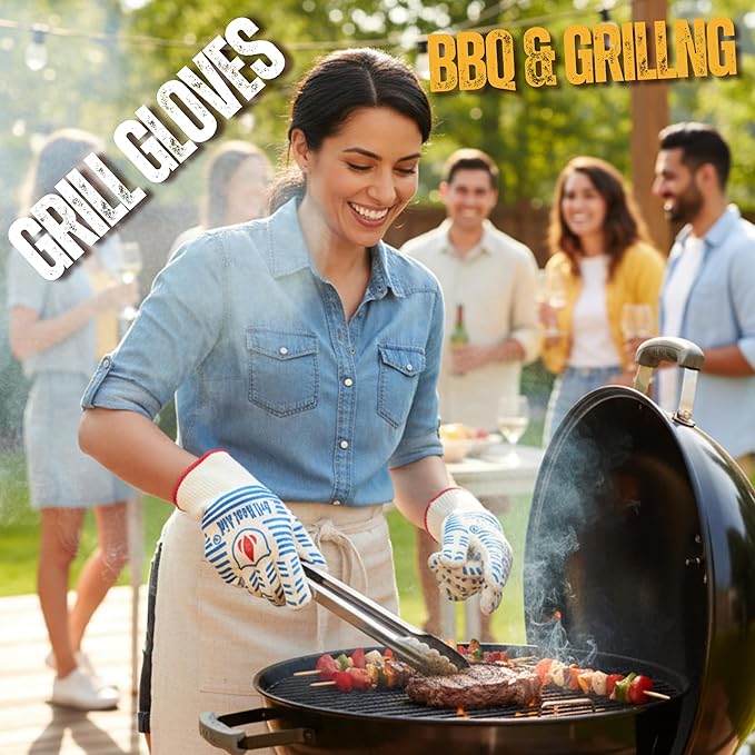 GRILL HEAT AID BBQ Grill Gloves 1472째F - Extreme Heat Resistant Oven Mitts for Grilling, Smoker & Fire Pit with Silicone Grip & EN407 Cut Resistance - Short Cuff, White & Blue