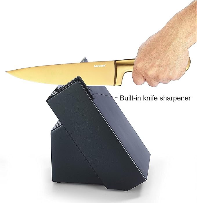 McCook짰 Knife Sets, Golden Titanium Stainless Steel Kitchen Knife Block Sets with Built-in Sharpener