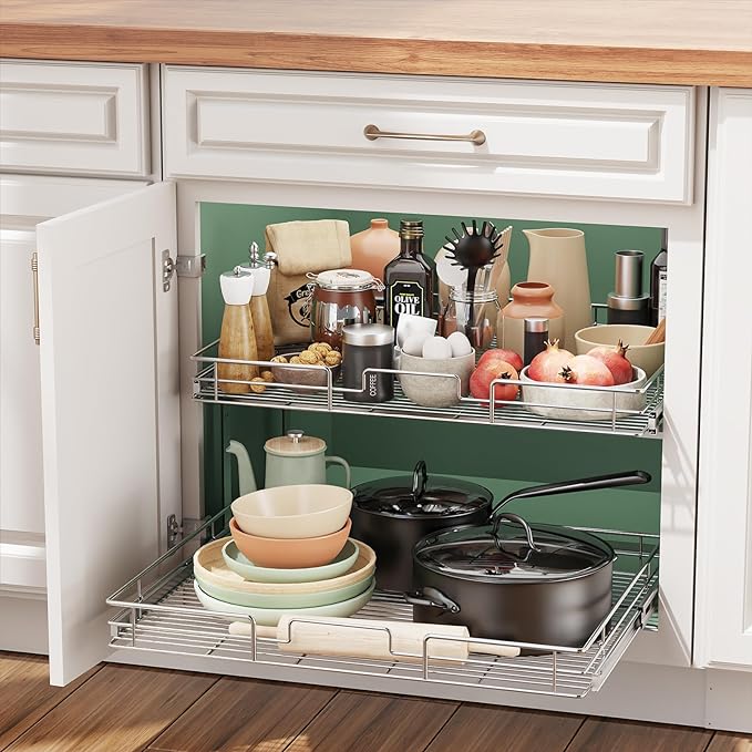 LOVMOR 2 Tier Individual Pull Out Cabinet Organizer 30" W x 21쩍" D, Slide Out Kitchen Cabinet Storage Sliding Shelves