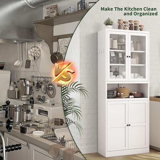 72" Tall Kitchen Pantry Cabinet,White Metal Pantry Cabinet with Countertop & 4 Adjustable Shelves,Utility Storage Cabinet Rust-Resistant for Living Room,Dining Room,Bathroom,Garage,Basement