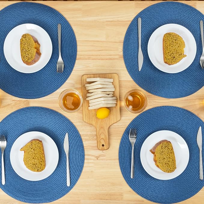 Winknowl Round Braided Placemats Set of 8 Washable Woven Heat Resistant Table Mats for Kitchen Dining Tables 15 inch Round Place Mats (Blue,8pcs)