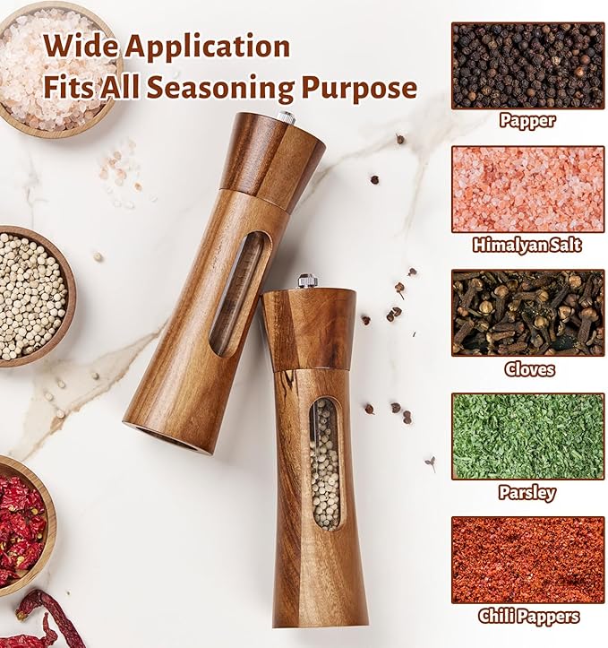 8 Inch Wooden Pepper Grinder, Acacia Wood Pepper Mill with Stainless Steel Core, Manual Pepper Mill with Comfort Grip & Effortless Grinding for Kitchen Cooking