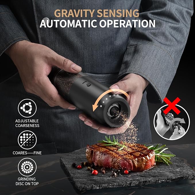 Gravity Electric Salt and Pepper Grinder Set, Automatic Salt and Pepper Mill Sets with LED Light, Type C Charging, Adjustable Coarseness, Large Capacity(1 Pack/Stainless Steel)