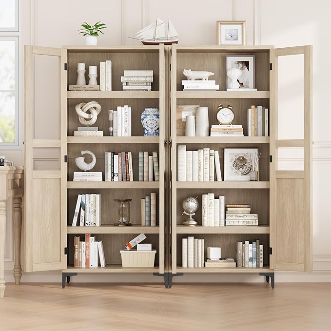 IDEALHOUSE Tall Storage Cabinet with Glass Doors, 71" Height, Adjustable Shelf, Light Oak Wood, Multi-Purpose Organizer for Kitchen Pantry and Bathroom (Natural Wood, 2 Doors with Glass)