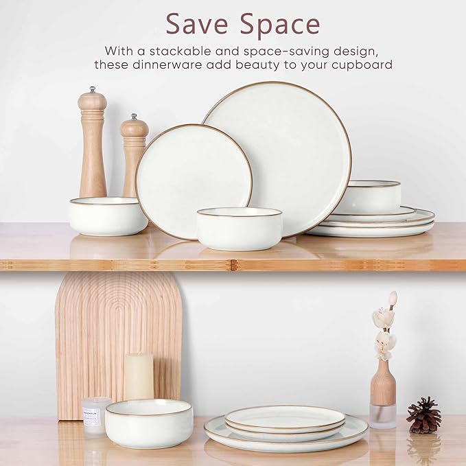 Herogo 16-Piece Dinnerware Set for 4, Ceramic Plates & Bowls Sets with Pasta Bowls, Double Reactive Glaze, Microwave & Dishwasher Safe, Chip Resistant, Ivory White