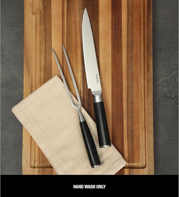 Babish 2-Piece Carving Knife and Fork Set ??8-Inch Stainless Steel Carving Knife with 6.5-Inch Fork ??Precision Cutlery for Turkey, Roast, and Meat Carving ??Ergonomic ABS Handles