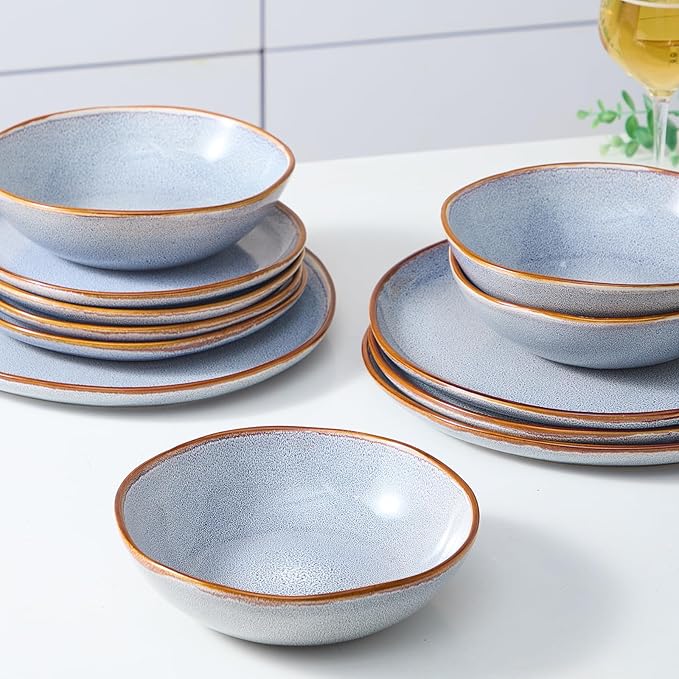 Bestone 12 Pieces Round Kitchen Dinnerware Sets竊똏lates and Bowls Sets,Dishes, Plates, Bowls, Dish Set, Chip Resistant Ceramic Dinnerware Set, Dishwasher/Microwave Safe,Service for 4,Reactive Blue