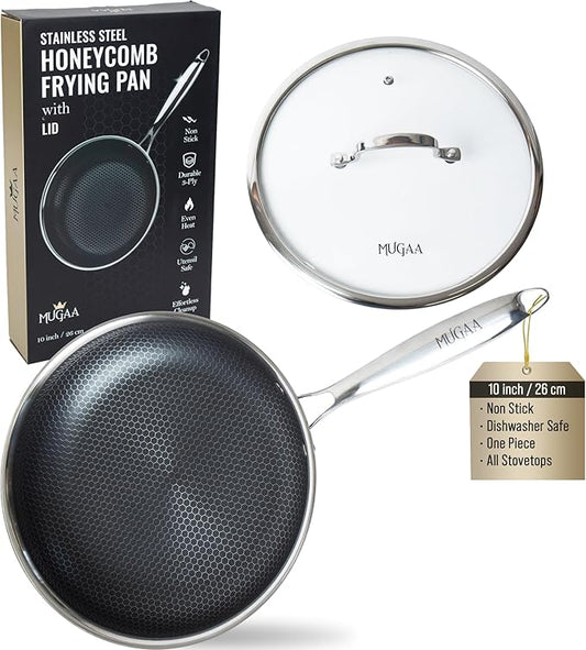10??Non-Stick Stainless Steel Frying Pan with Lid | Honeycomb Hybrid Skillet for Induction, Gas & Electric Stovetops | Oven Safe, Dishwasher Safe | Premium Gift Packaging