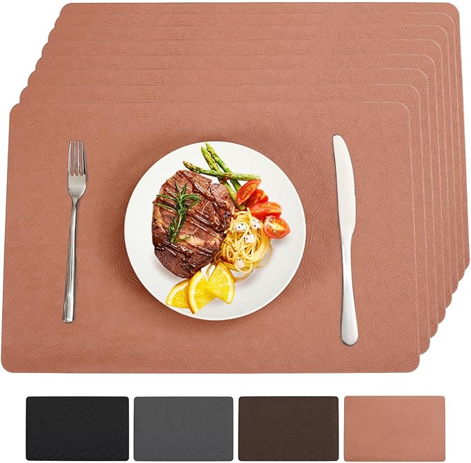 Bxzandya Vinyl Placemats Set of 8 Heat Resistant Easy Clean Non-Slip Place Mats for Dining Table. Faux Leather Waterproof Stain Resistant Wipeable Washable PU Table Mats(8, Coral)