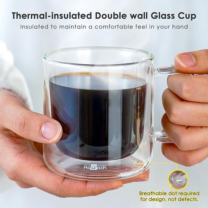 Aquach 2-Pack Double Walled Insulated 8oz Glass Coffee Mugs with Handle - Ideal for Espresso, Latte, Americano, and Cappuccino