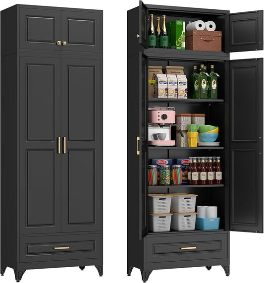Metal Storage Cabinet, 90" Black Pantry Cabinet with 4 Doors and 4 Adjustable Shelves, Tall Cabinets for Dinning Living Room and Dining Room