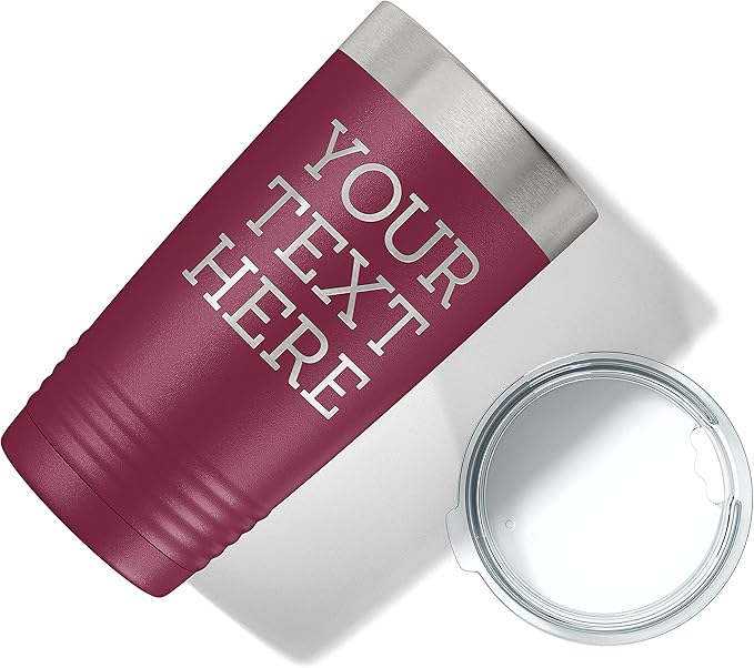 Personalized 20oz (17 Colors) Powder Coated Insulated Stainless Steel Tumbler with Lid, Custom Etched, Customized Text Message Name, Engraved Gift Idea Women Men Him Her, Your Text Here (Maroon)