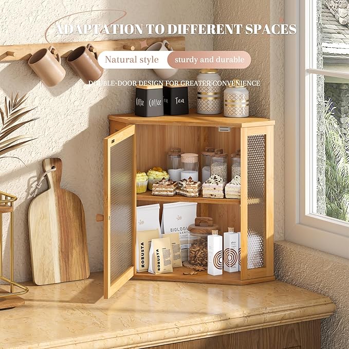 Corner Bread Box Kitchen Countertop Extra Large Capacity Farmhouse Bread Box, Corner Countertop Storage, Double Layer Bread Holder (Natural, Extra Large)
