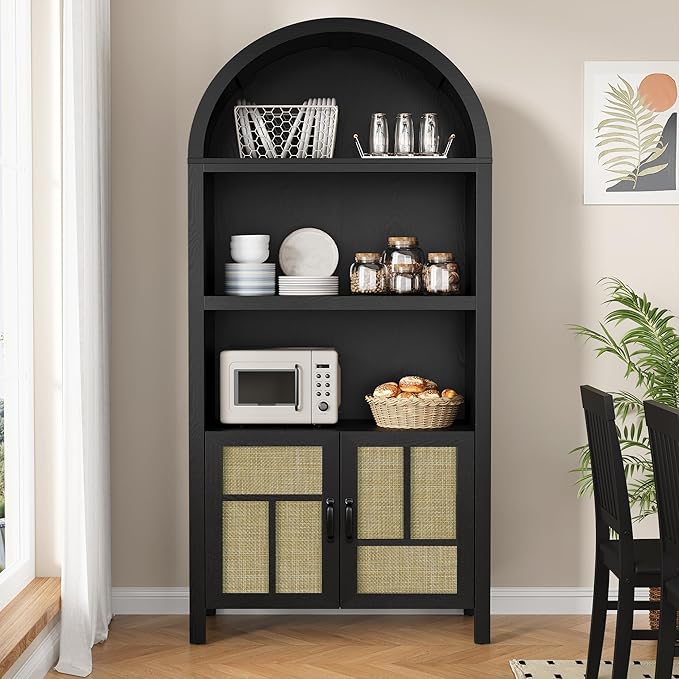 RoyalCraft Tall Arched Storage Cabinet with Rattan Door, 5-Tier Arched Kitchen Pantry with Adjustable Shelves, Black Bookshelf Bookcase Curio Display Cabinet Cupboard for Kitchen, Living Room