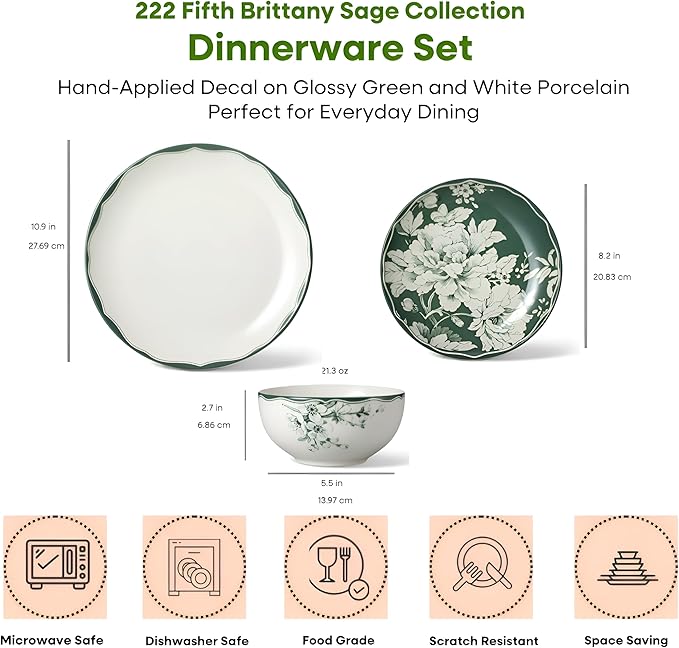222 Fifth 12-Piece Porcelain Dinnerware Set for 4, White & Sage Green Plates and Bowls Set, Glossy Ceramic Dish Set with Detailed Floral Design, Microwave & Dishwasher Safe Dishes for Dining, Brittany