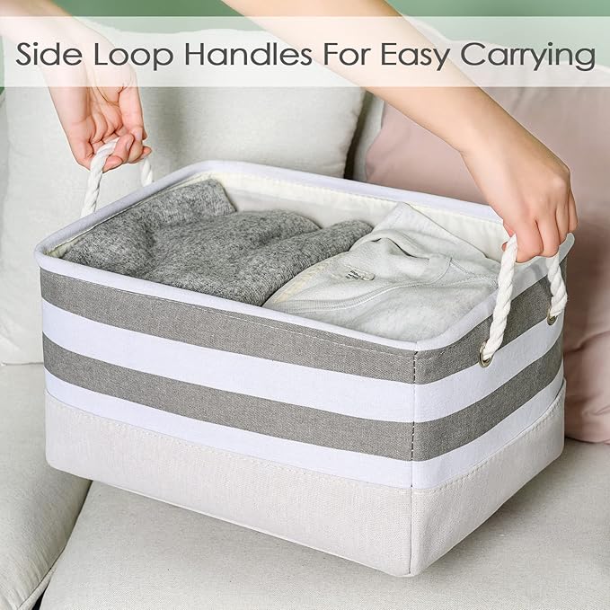 TheWarmHome Storage Basket Fabric Basket with Handles Dog Toy Basket Cloth Storage Bin Shelf Basket Decorative Storage Basket Shoe Basket Gift Basket(Grey&White Stripes-1 Pack,15.7L횞11.8W횞8.3H)
