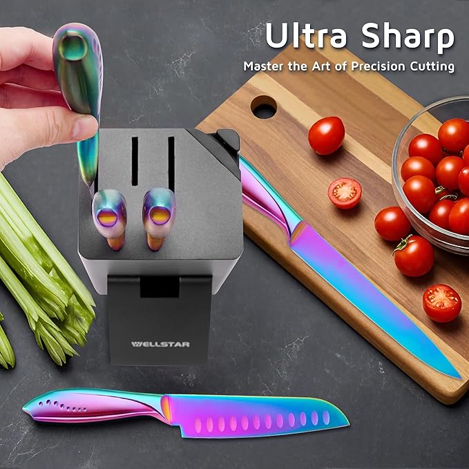 WELLSTAR Rainbow Knife Set 8 Pieces, Iridescent German Stainless Steel Kitchen Knives Set with Wooden Block, Colorful Titanium Coating, Chef?셲 Knife Block Set with Scissors and Built-in Sharpener
