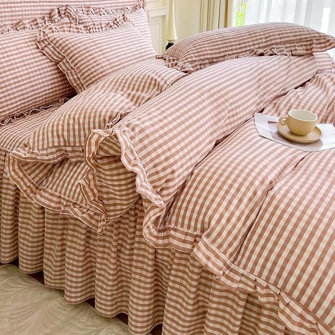 LifeTB Queen Comforter Set Pink Gingham Comforter Vintage Ruffle Blush Plaid Comforter Set 3 Pieces Checkered Grid Bed Comforter with 2 Pillowcases Fluffy Soft Gingham Bedding Set Queen Size