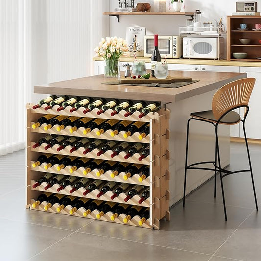Stackable Wine Rack - 6-Tier Wobble-Free Modular Wine Holder, Freestanding Wooden Wine Storage Shelf for 750ML Bordeaux/Riesling/Burgundy Bottles, Fit Kitchen Cellar Gift for Wine Lovers(54 Bottle)