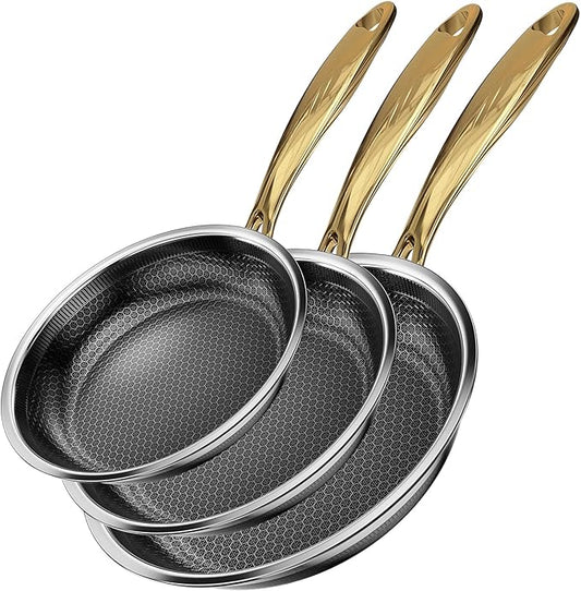 Fogdream 8"10"12" Non Stick Frying Pans Set, Stainless Steel Skillet with Lid, Tri-Ply Stainless Steel for All Cooktops, Dishwasher and Oven-Safe Cooking Pan, Stay-Cool Handle, Gold