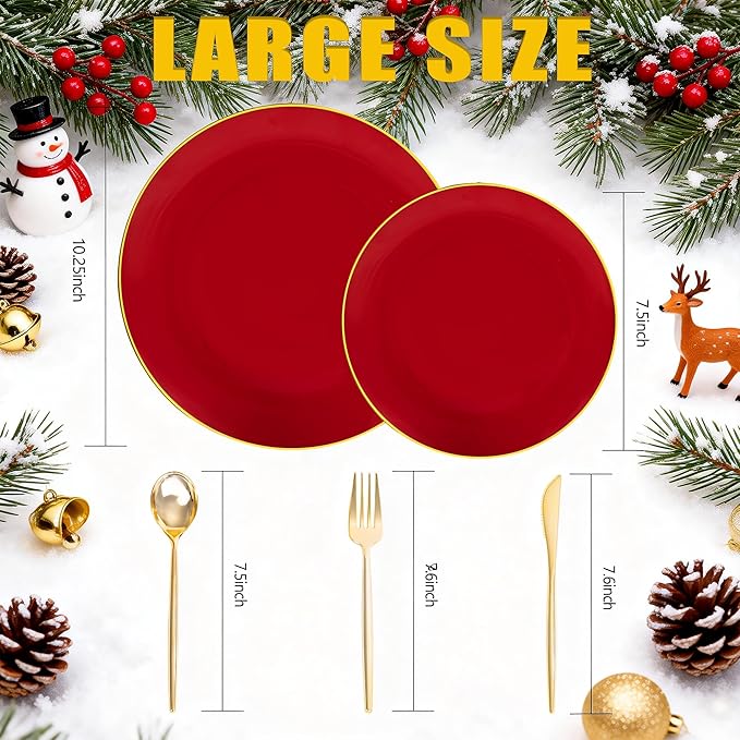 I00000 150Pcs Red Plastic Plates with Gold Rim,Fancy Plastic Plates,Nice Disposable Plates Set include 30 Dinner Plate,30 Dessert Plate, 90 plastic Silverware Set for Valentine's Day