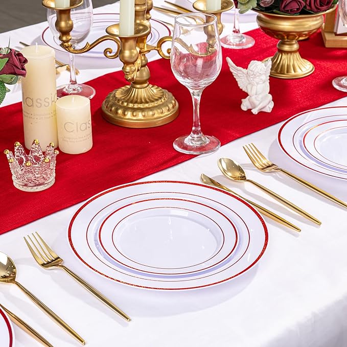 U-QE 100pcs Glitter Red Plastic Plates for Party - White and Red Plates Disposable - Nice Disposable Plates Include 50 10" Dinner and 50 7" Dessert Plate, Perfect for Party, Wedding & Special Moments