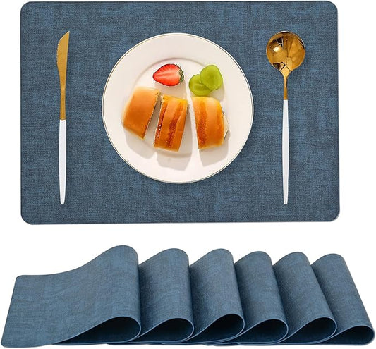 Boobezeen Faux Leather Placemats Set of 6, Heat Resistant Wipeable Washable Vinyl Place Mats, Waterproof Anti-Slip Dining Table Mats, Suitable for Indoor & Outdoor Use (Navy Blue)