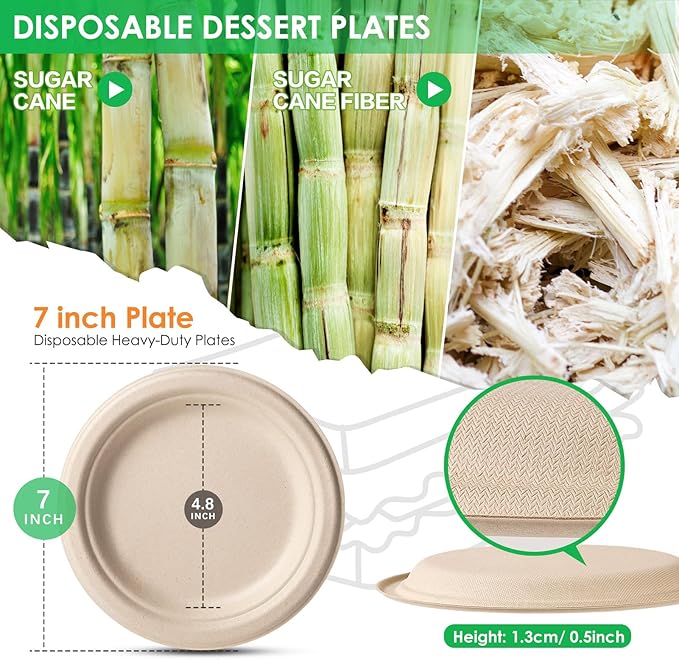 100% Compostable Plates 7 Inch 125 Pack, Heavy Duty Disposable Small Dessert Paper Plates Eco-Friendly Unbleached Biodegradable Bagasse Natural