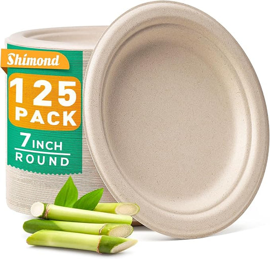 100% Compostable Plates 7 Inch 125 Pack, Heavy Duty Disposable Small Dessert Paper Plates Eco-Friendly Unbleached Biodegradable Bagasse Natural