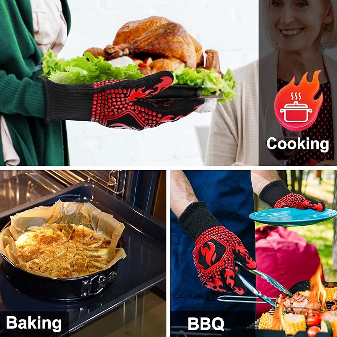QUWIN BBQ Gloves, Oven Gloves 1472??Extreme Heat Resistant, Grilling Gloves Silicone Non-Slip Oven Mitts, Kitchen Gloves for BBQ, Grilling, Cooking, Baking-1 Pair??(One Size(Long Cuff), Red)