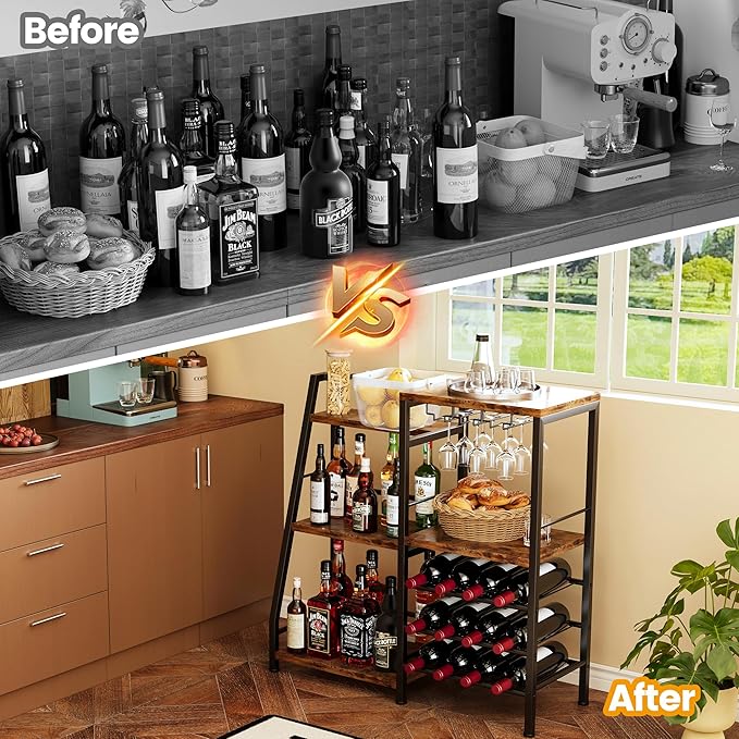 Homeiju Liquor Cabinet Bar for Home Bar, 3 Tier Wine Rack Freestanding Floor with Glass Holder and Fences, Trapezoidal Liquor Bottle Display Shelf for Liquor Whiskey Wine, Brown