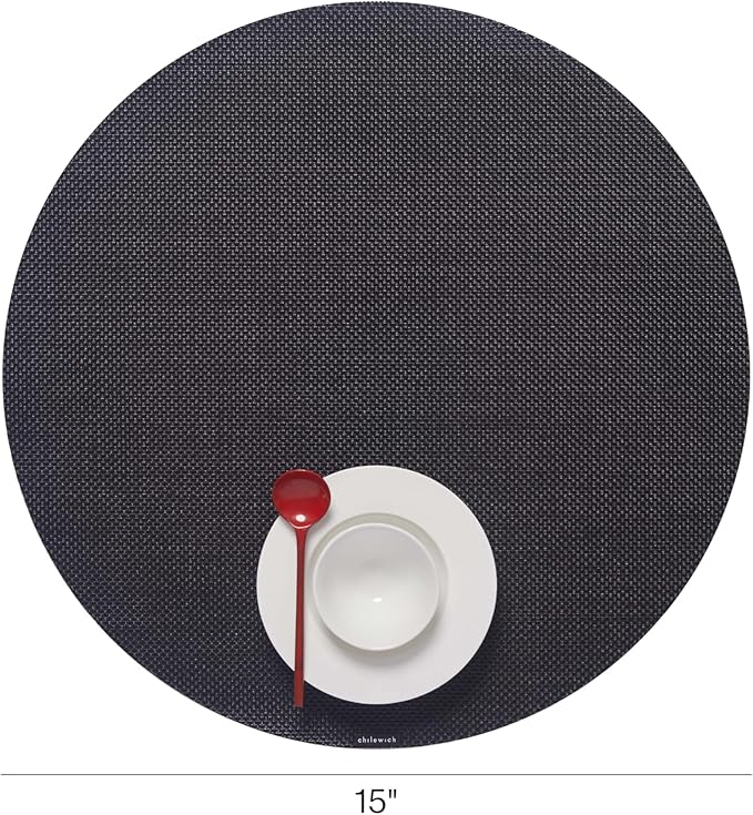 Chilewich Mini Basketweave Placemats in Black - Set of 4 - Easy Care Woven Tabletop Textiles - Indoor/Outdoor - 15" Round