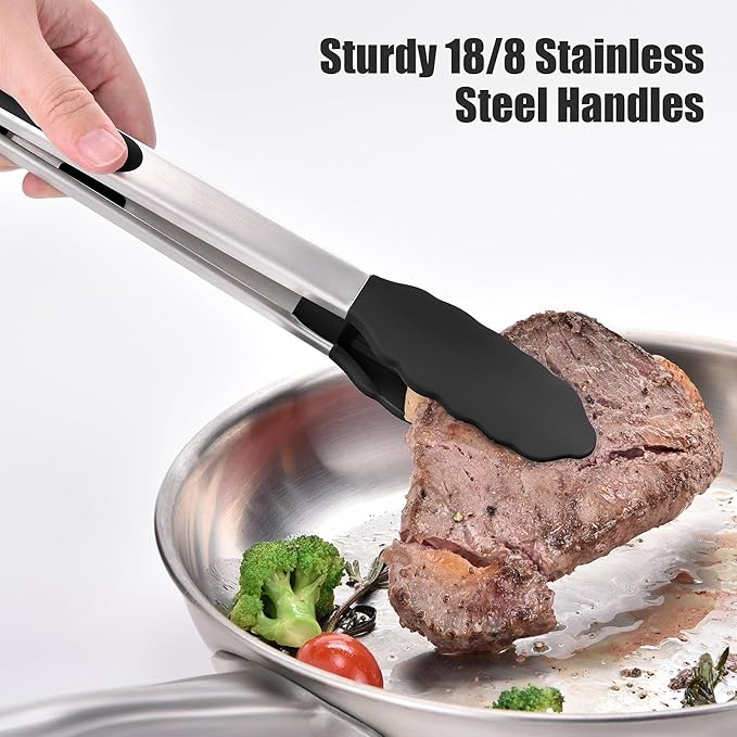 Doosu Kitchen Tongs for Cooking - 600째F Heat Resistant Food Tong Set with Non-Scratch Silicone Tips, Heavy Duty Stainless Steel Locking Tong for BBQ, Grilling Steak, Serving Salad (9+12in, Black)
