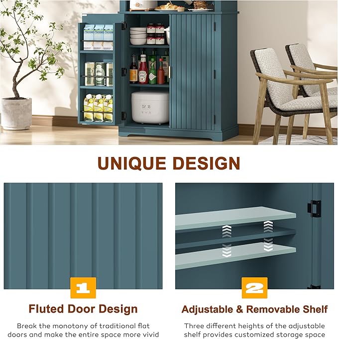 BlueWish 72" Pantry Cabinet with Cable Management Hole, Tall Kitchen Pantry Storage Cabinet with Microwave Stand, Kitchen Cupboard Fluted Buffet Sideboard Hutch for Living Room, Dining Room