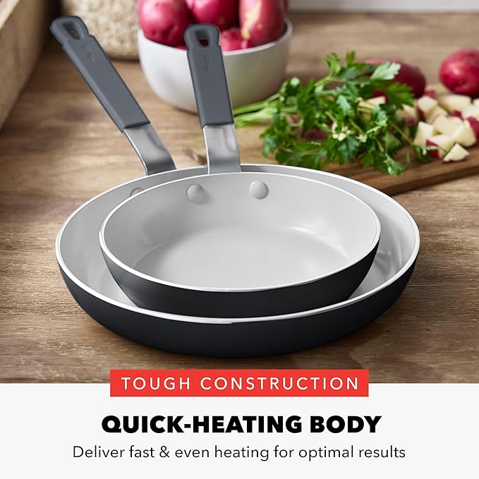 GreenPan x Bobby Flay 2 Piece- 8??and 10??Nonstick Frying Pan Skillet Set, PFAS-Free Diamond Ceramic, Induction Suitable, Stay-Cool Silicone Handle, Easy Clean Dishwasher & Oven Safe, Graphite
