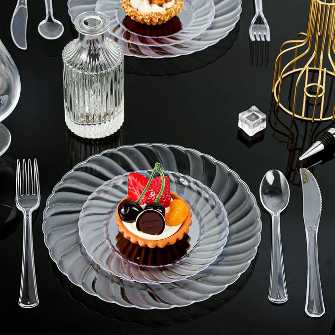 FOCUSLINE 100 Count 6 Inch Clear Plastic Plates, Disposable Heavy Duty Salad Dessert Plates- Premium Hard Plastic Plate Fancy Disposable Clear Plate for Weddings, Parties and Events