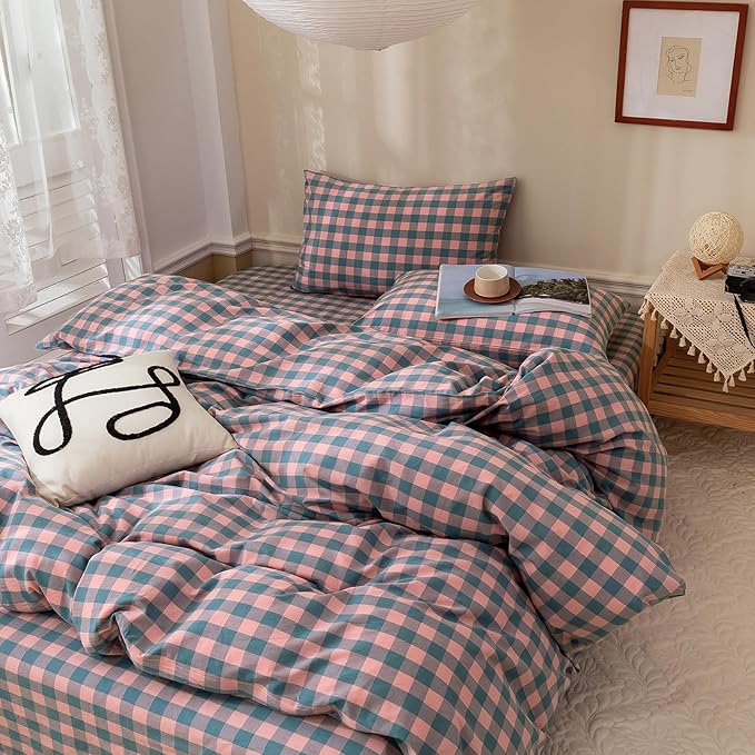 LifeTB Purple Pink Plaid Comforter Set Full Geometric Checkered Pattern Comforter Boho Grid Plaid Printed Bedding Comforter Set Fluffy Soft Lightweight Bedding Comforter Full Size with 2 Pillowcases