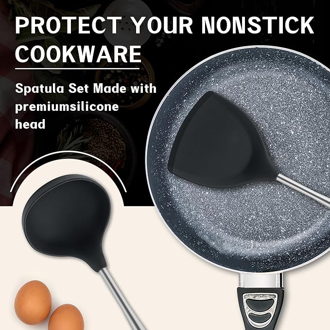 FJNATINH Silicone Spatula - Turner - Ladle - Skimmer Set Wok Utensil Set,Stainless Steel Non Stick Heat-Resistant Cooking Utensils BPA Free Kitchen Tools Cookware Wooden Handle, Pack of 4